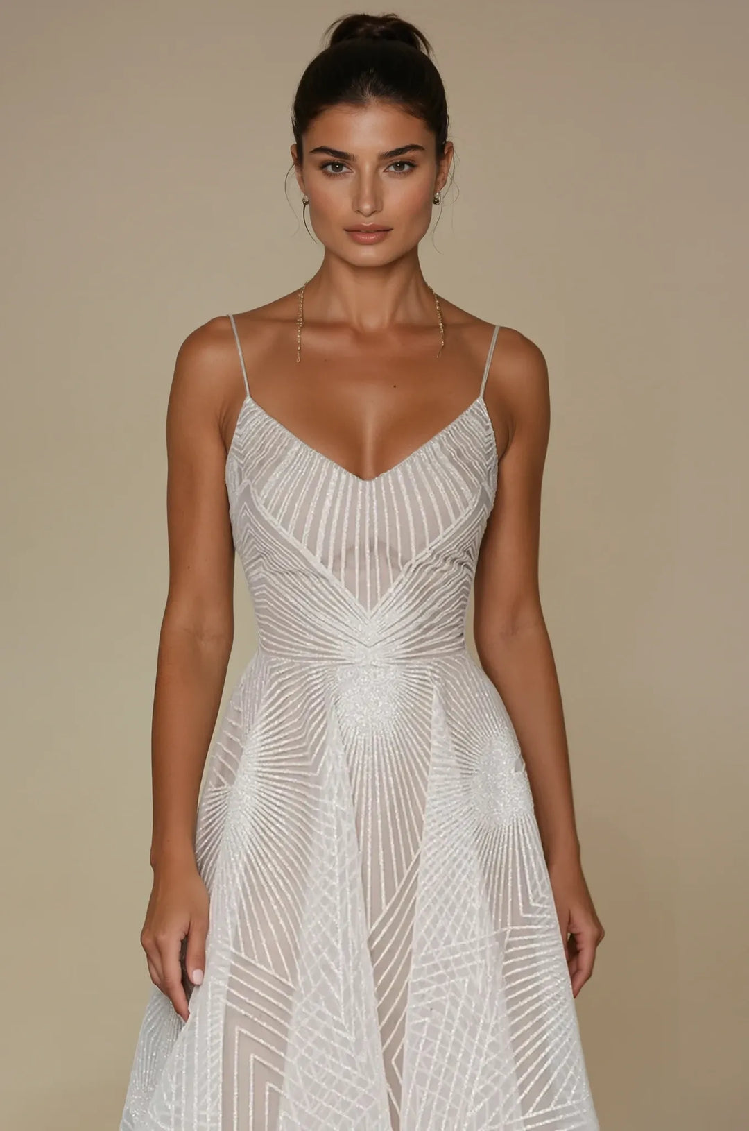 Maxi Gown with Deep V-Neckline, Spaghetti Straps, and Geometric Pattern Overlay