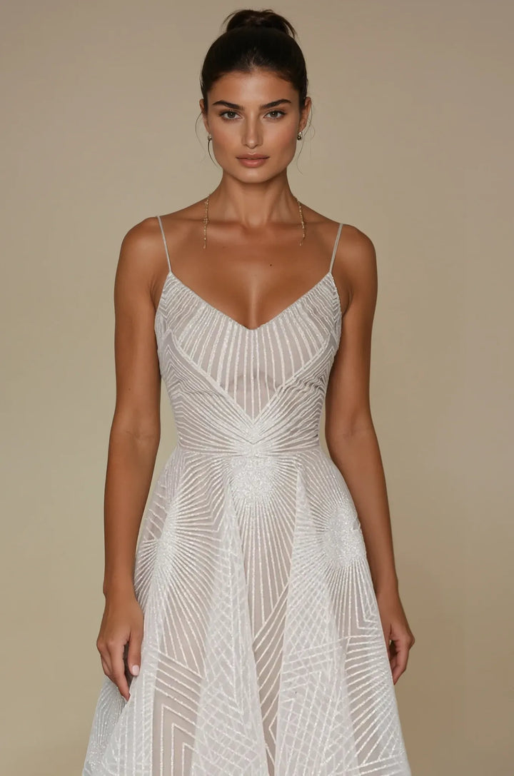 Maxi Gown with Deep V-Neckline, Spaghetti Straps, and Geometric Pattern Overlay
