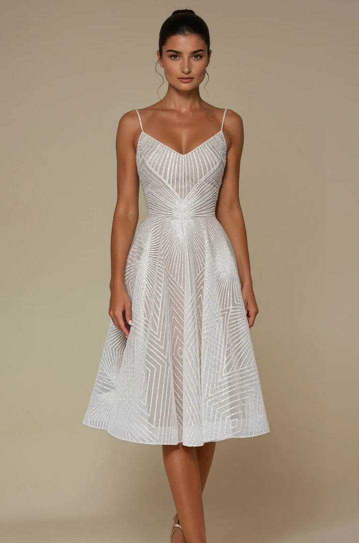 Maxi Gown with Deep V-Neckline, Spaghetti Straps, and Geometric Pattern Overlay