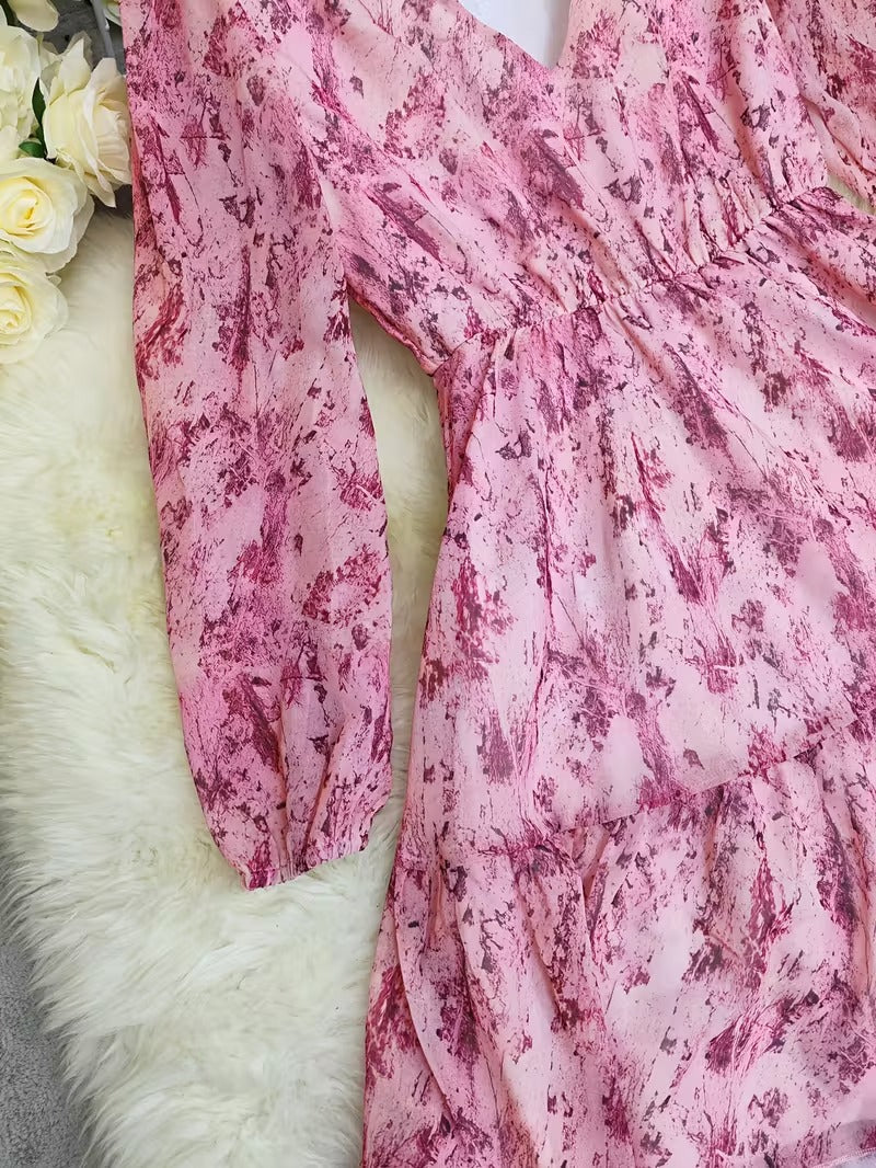 High-Low Dress with V-Neckline and Long Blouson Sleeves
