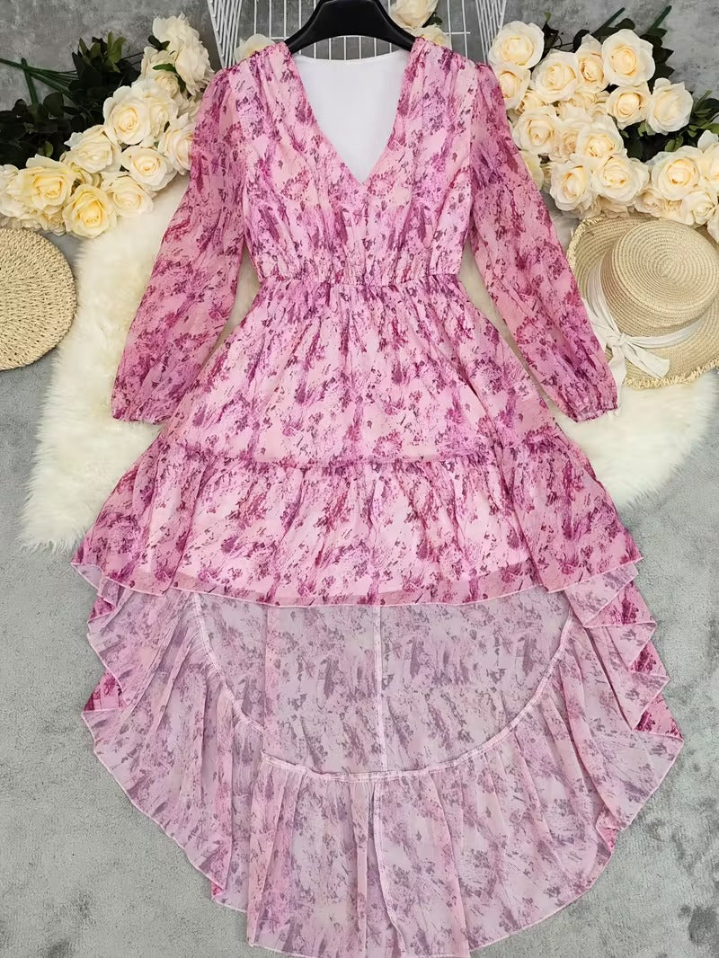 High-Low Dress with V-Neckline and Long Blouson Sleeves