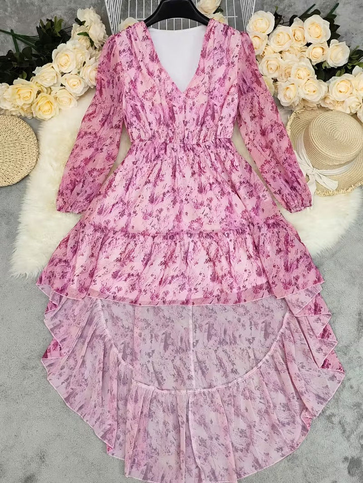 High-Low Dress with V-Neckline and Long Blouson Sleeves