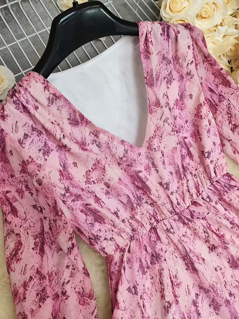High-Low Dress with V-Neckline and Long Blouson Sleeves