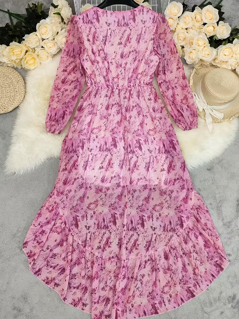 High-Low Dress with V-Neckline and Long Blouson Sleeves