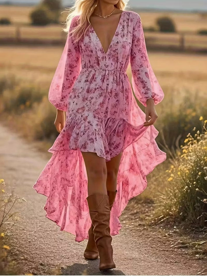 High-Low Dress with V-Neckline and Long Blouson Sleeves