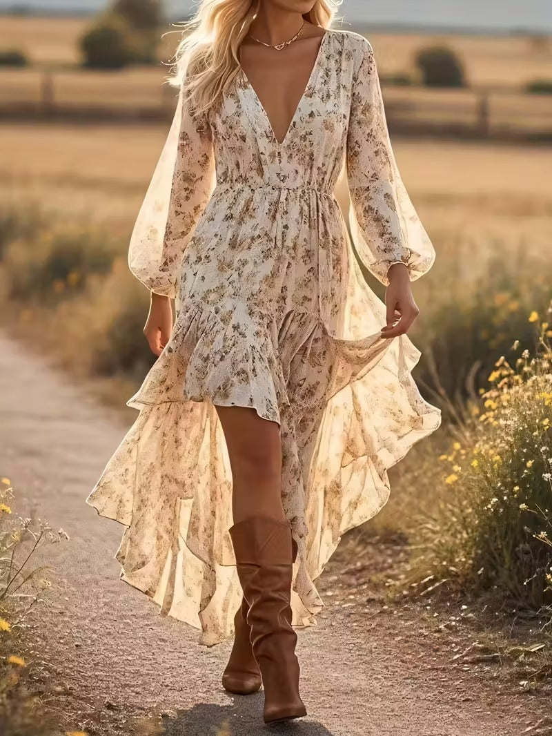 High-Low Dress with V-Neckline and Long Blouson Sleeves