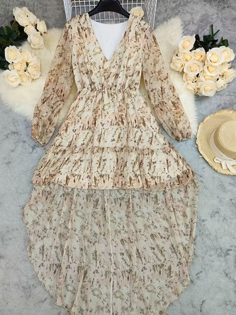 High-Low Dress with V-Neckline and Long Blouson Sleeves