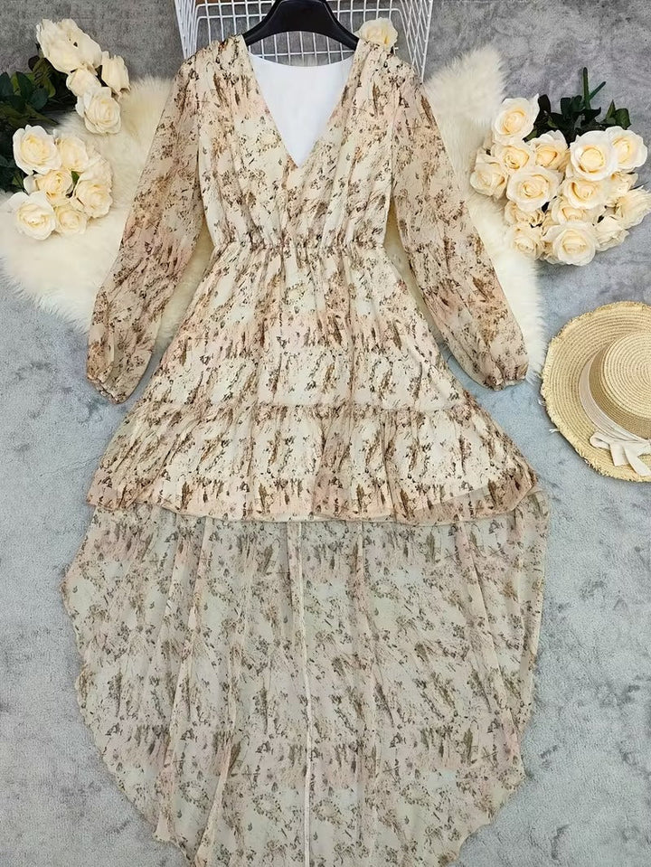 High-Low Dress with V-Neckline and Long Blouson Sleeves