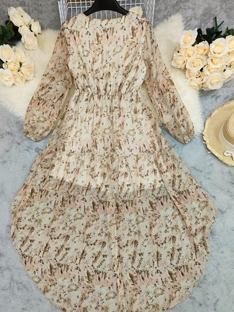 High-Low Dress with V-Neckline and Long Blouson Sleeves