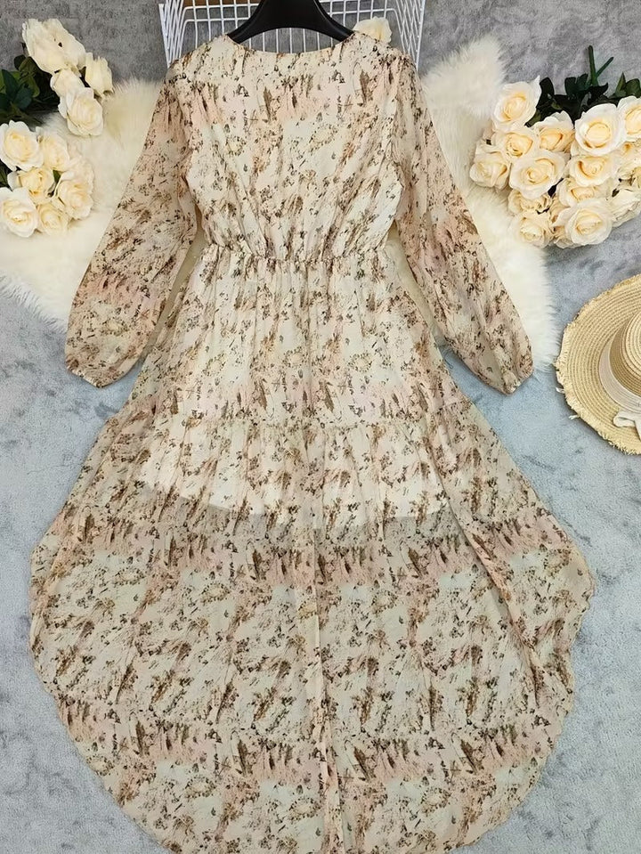 High-Low Dress with V-Neckline and Long Blouson Sleeves