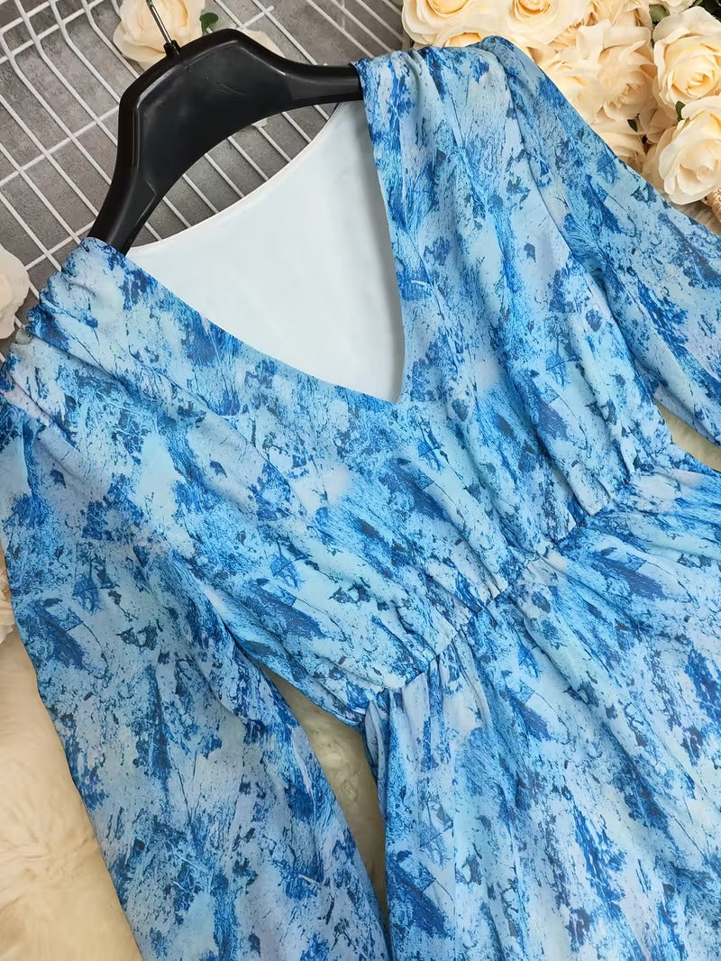 High-Low Dress with V-Neckline and Long Blouson Sleeves