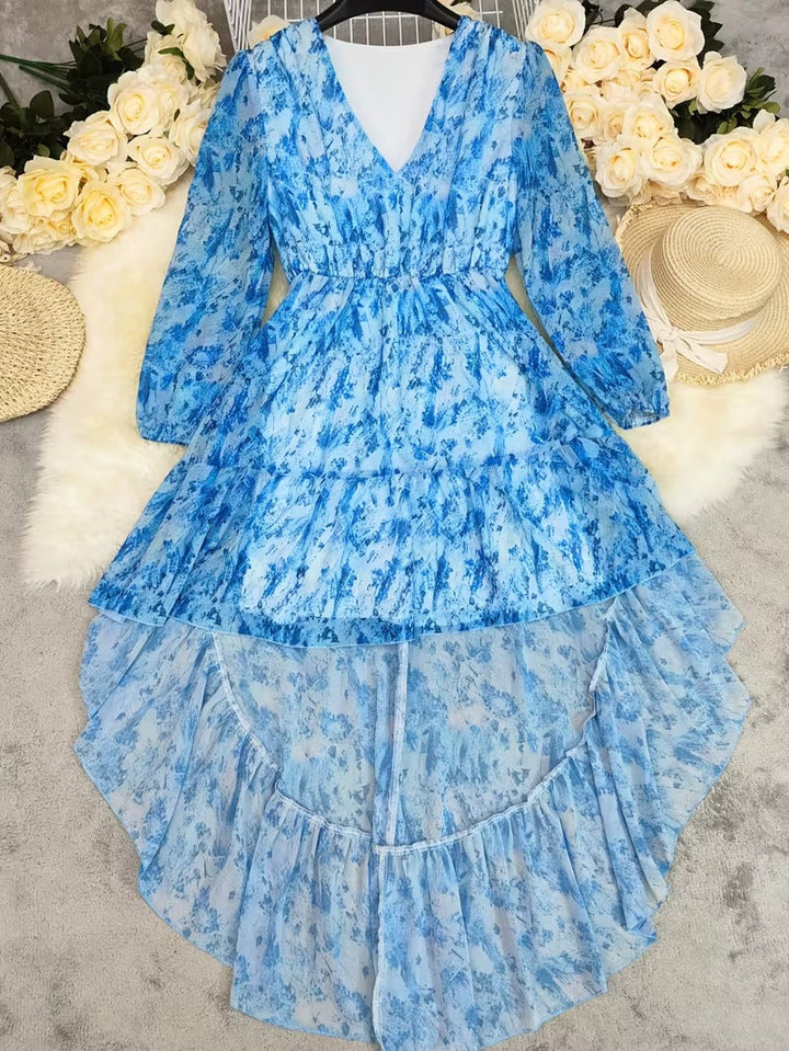 High-Low Dress with V-Neckline and Long Blouson Sleeves