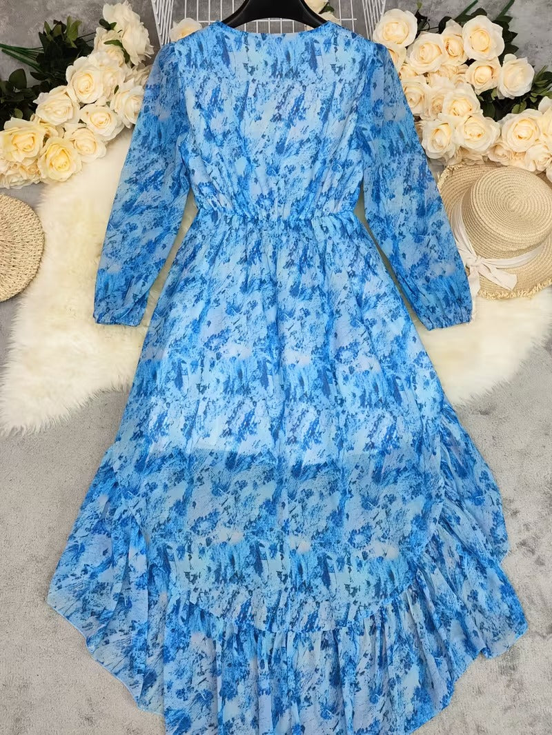 High-Low Dress with V-Neckline and Long Blouson Sleeves