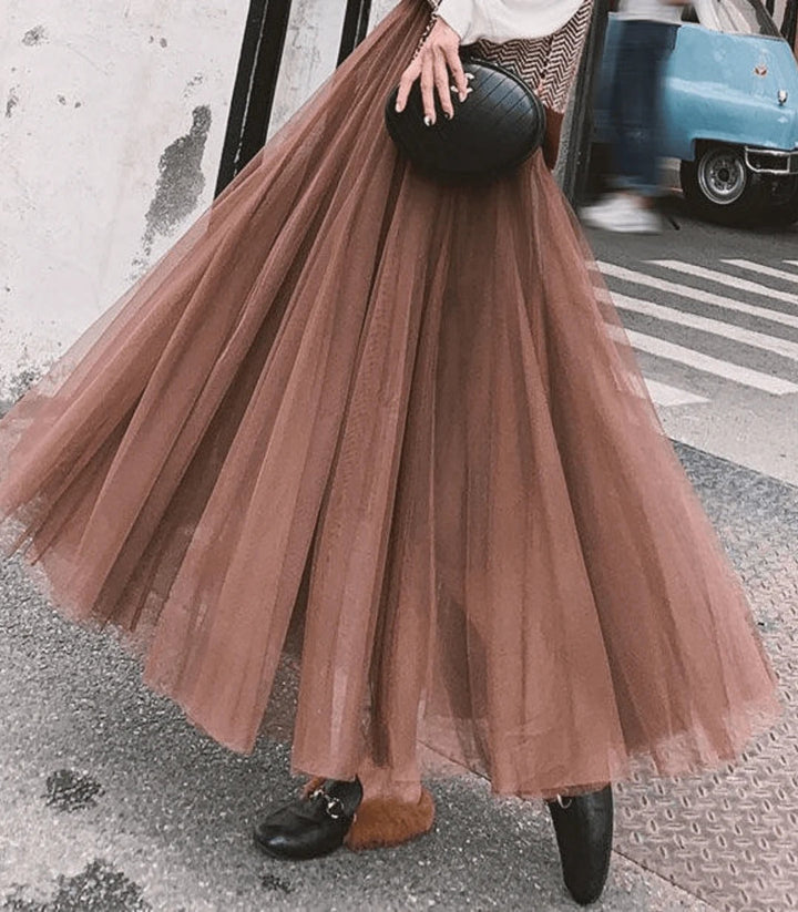 Layered Tulle Maxi Skirt with Elastic Waistband