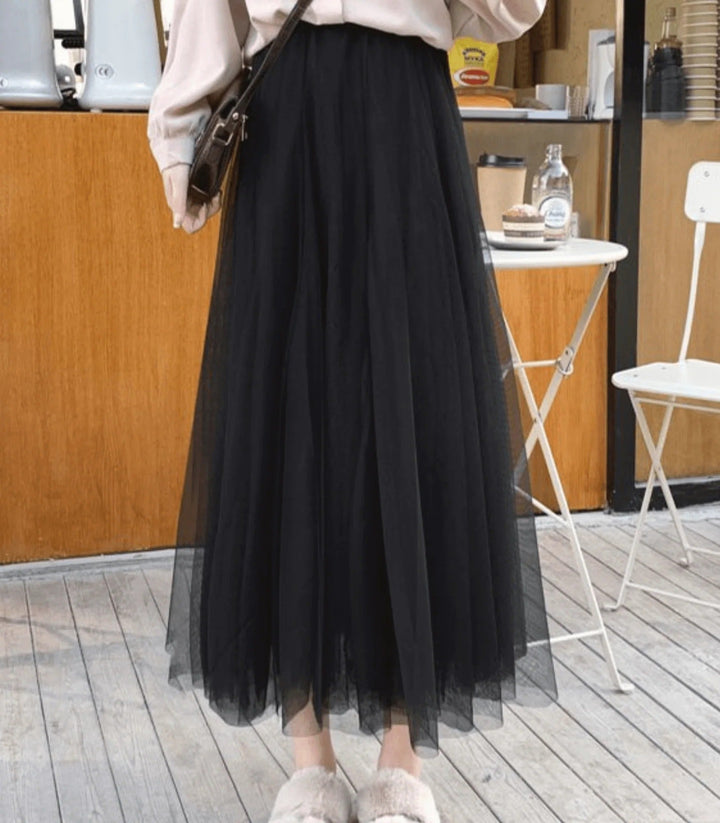 Layered Tulle Maxi Skirt with Elastic Waistband
