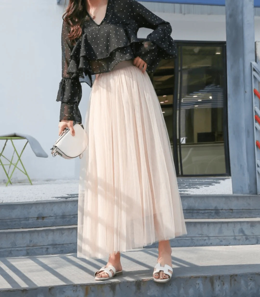 Layered Tulle Maxi Skirt with Elastic Waistband