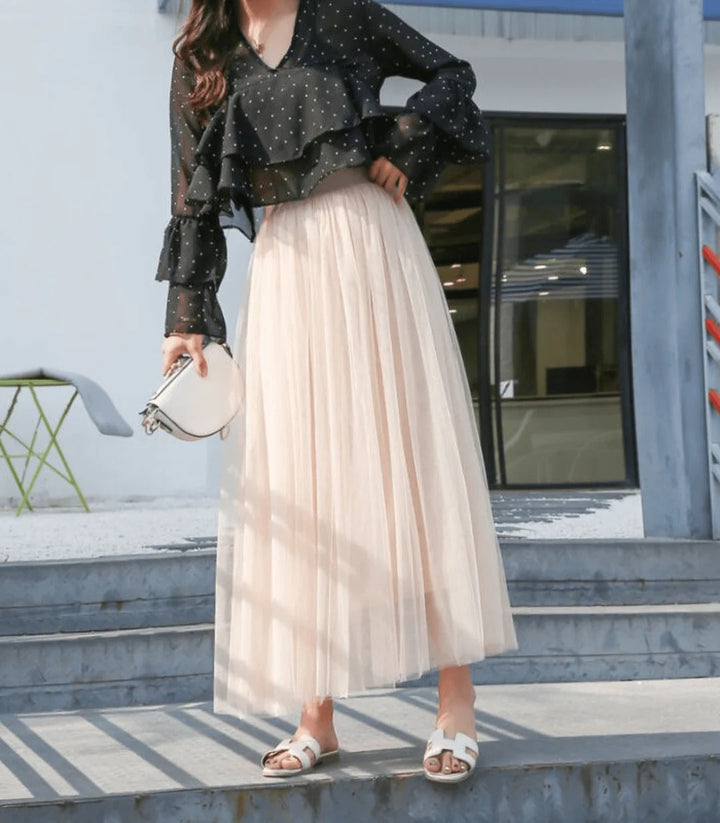 Layered Tulle Maxi Skirt with Elastic Waistband