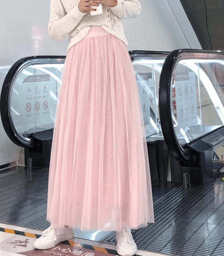 Layered Tulle Maxi Skirt with Elastic Waistband