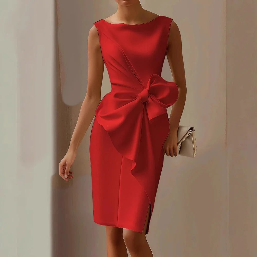 Sleeveless Formal Dress with Asymmetric Draped Bow and Side Slit