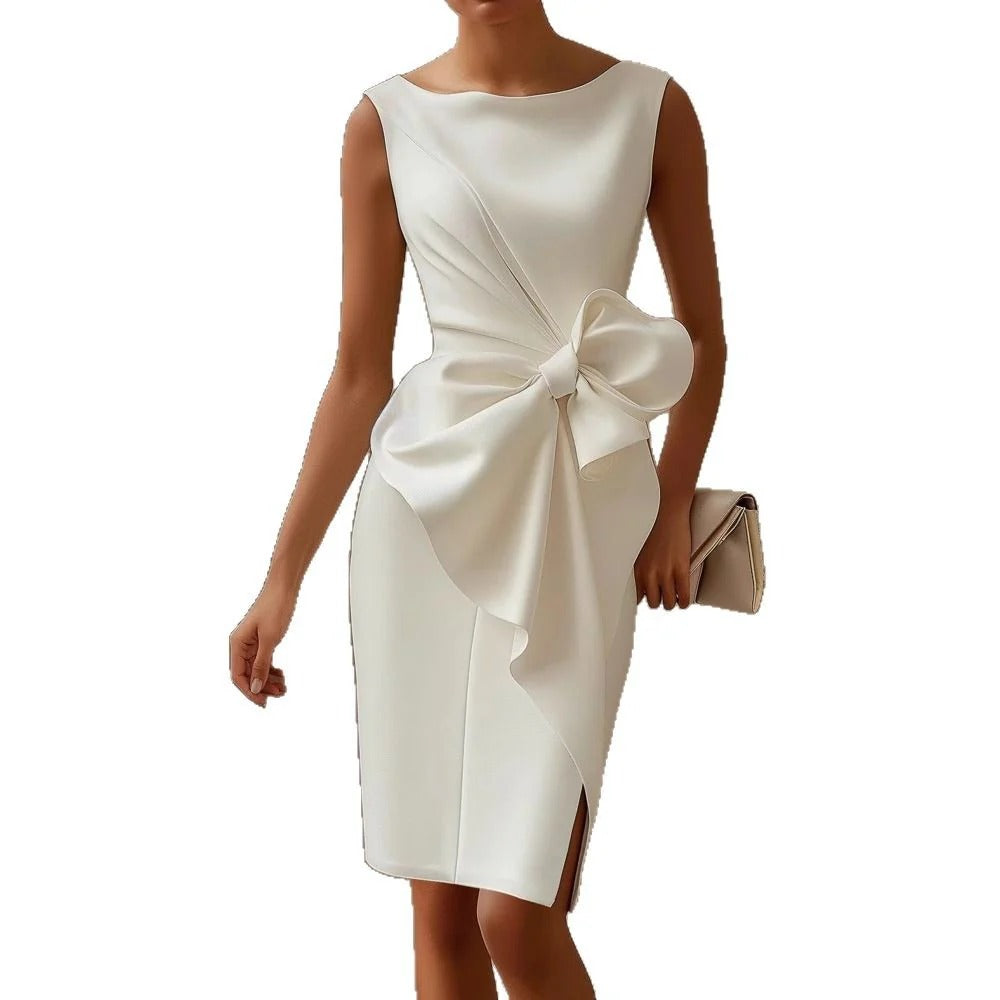 Sleeveless Formal Dress with Asymmetric Draped Bow and Side Slit