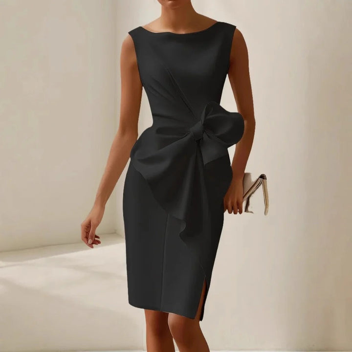 Sleeveless Formal Dress with Asymmetric Draped Bow and Side Slit