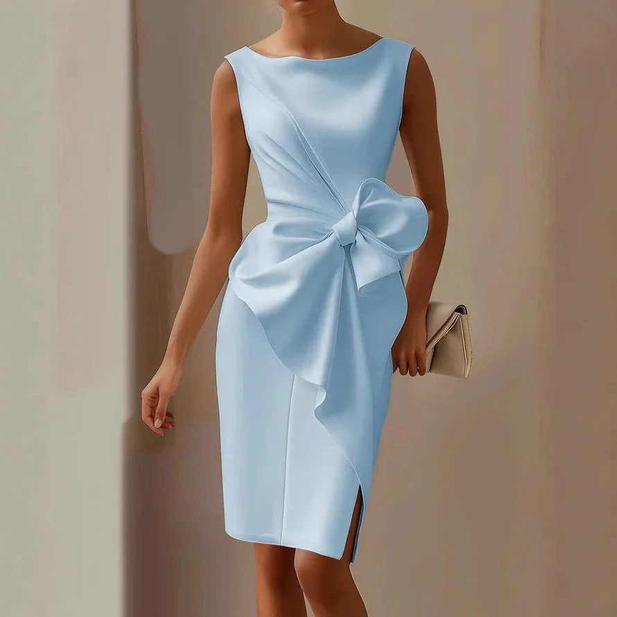 Sleeveless Formal Dress with Asymmetric Draped Bow and Side Slit