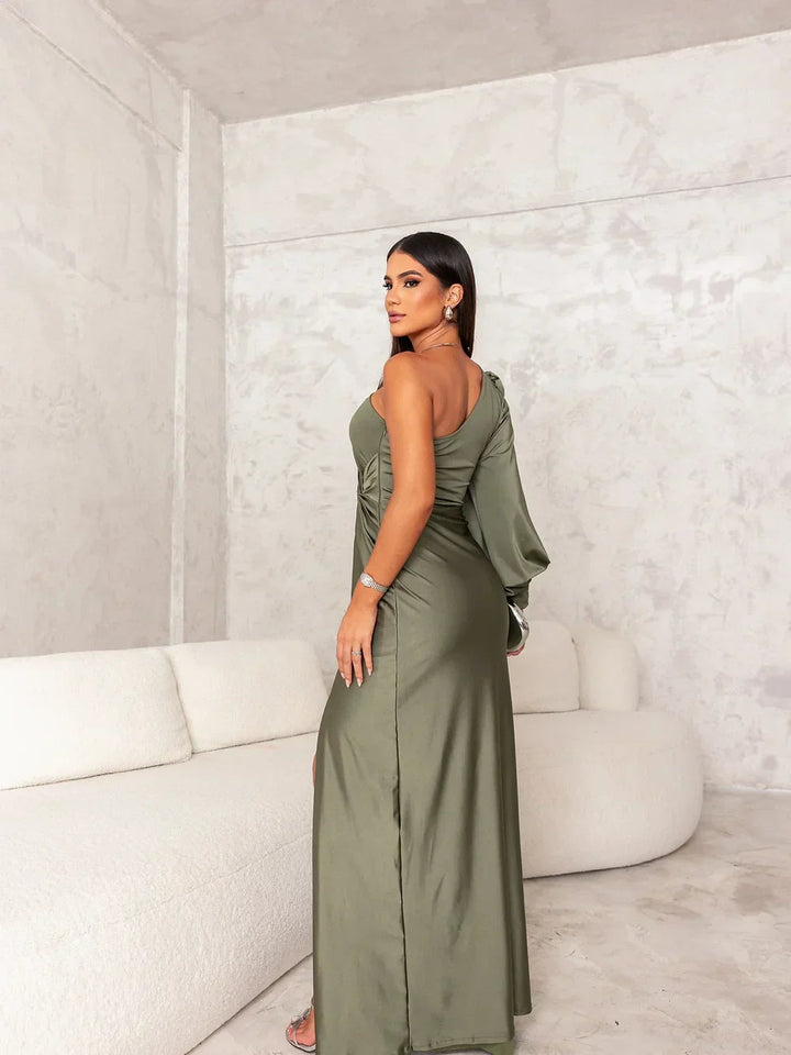 Asymmetric Draped Satin Maxi Dress