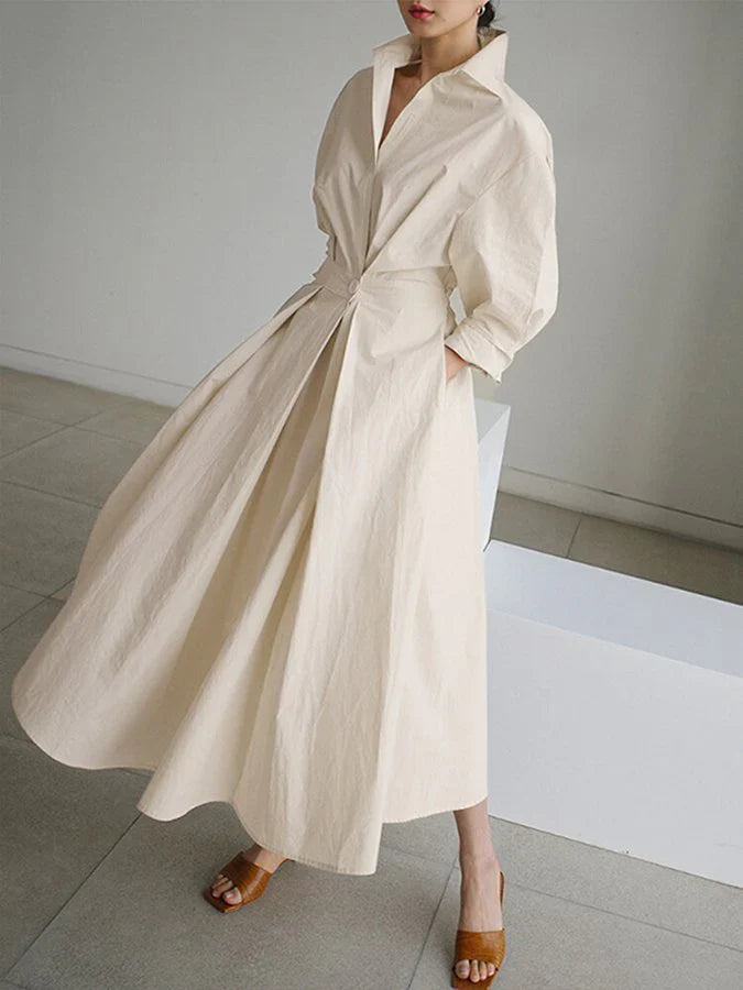 Midi Shirt Dress with Notch Collar, Pleated Skirt, and Three-Quarter Sleeves