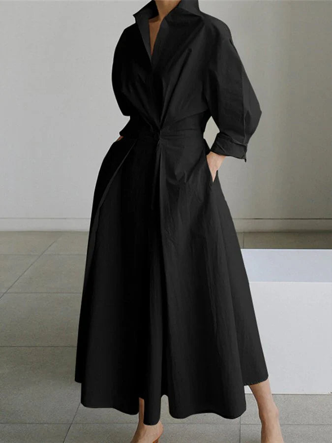 Midi Shirt Dress with Notch Collar, Pleated Skirt, and Three-Quarter Sleeves