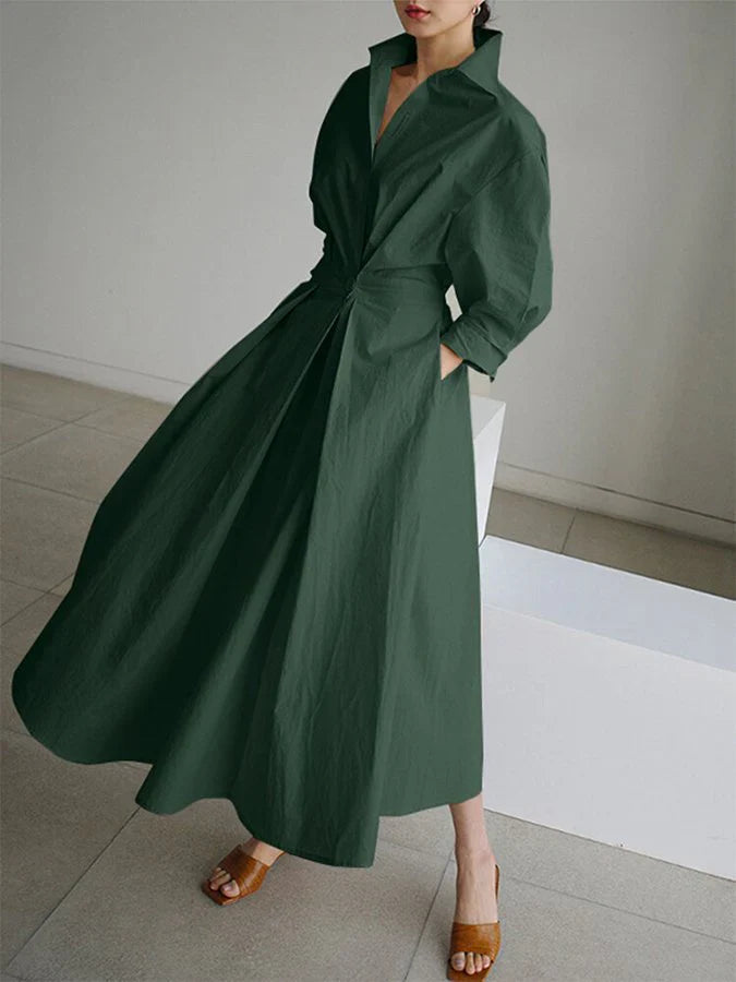 Midi Shirt Dress with Notch Collar, Pleated Skirt, and Three-Quarter Sleeves