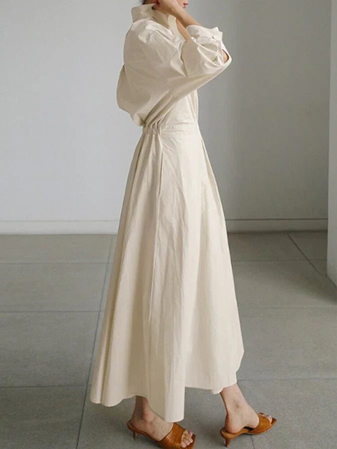 Midi Shirt Dress with Notch Collar, Pleated Skirt, and Three-Quarter Sleeves