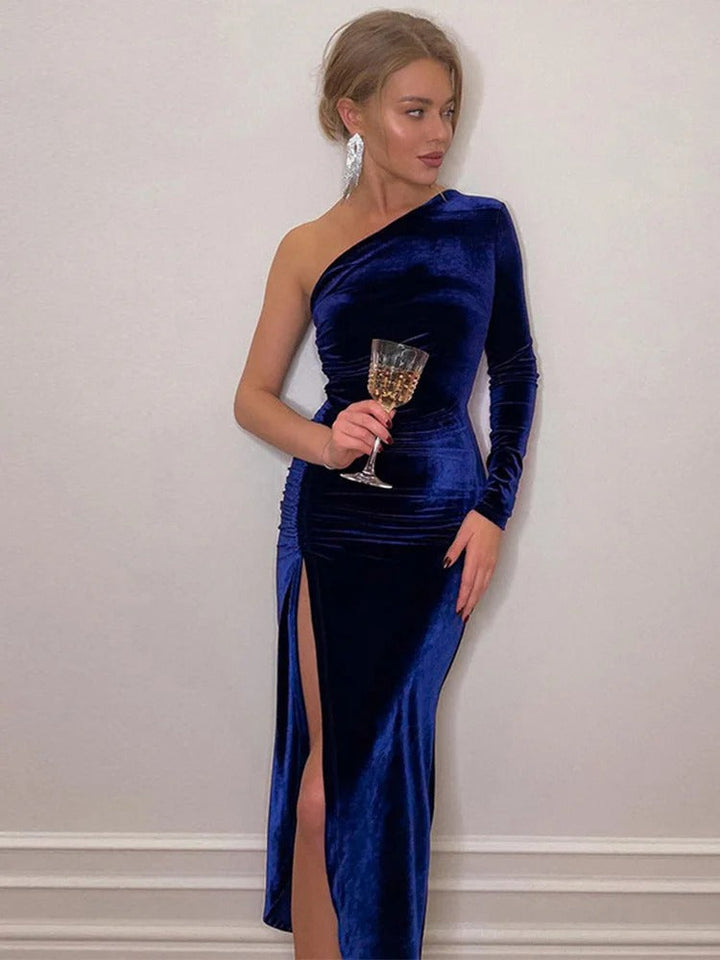 One-Shoulder Fitted Midi Dress with Long Sleeve and High Slit