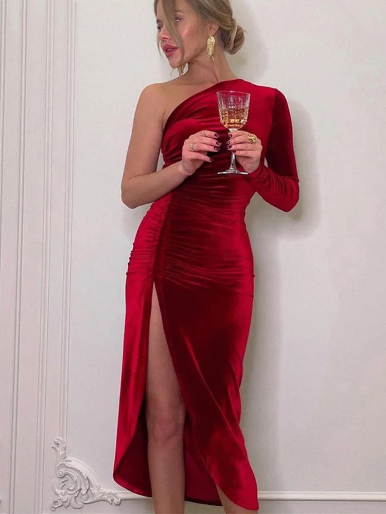 One-Shoulder Fitted Midi Dress with Long Sleeve and High Slit
