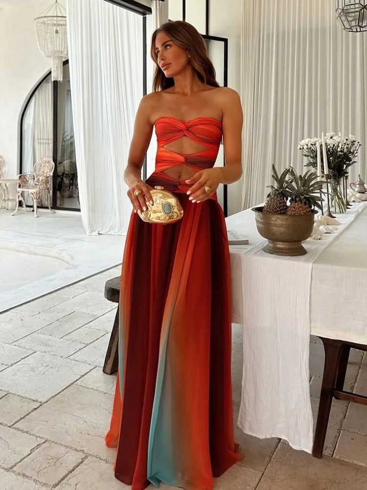 Maxi Dress with Cutout Waist, Twisted Bust, and Strapless Neckline