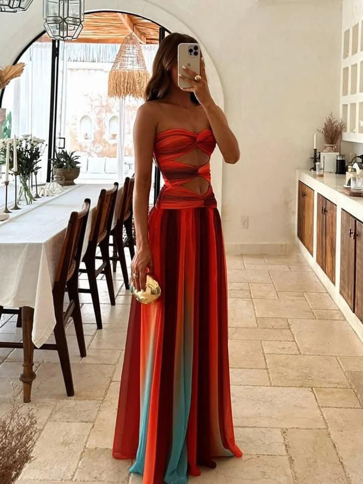 Maxi Dress with Cutout Waist, Twisted Bust, and Strapless Neckline
