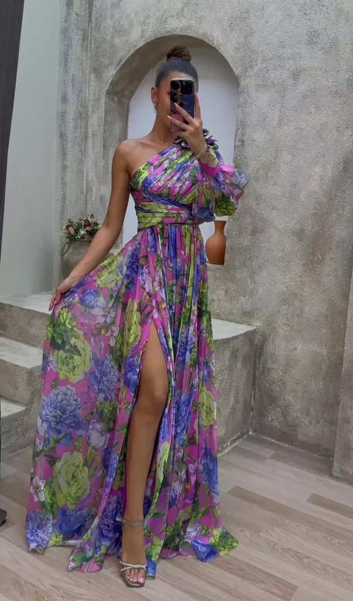 One-Shoulder Floral Maxi Dress with Side Slit