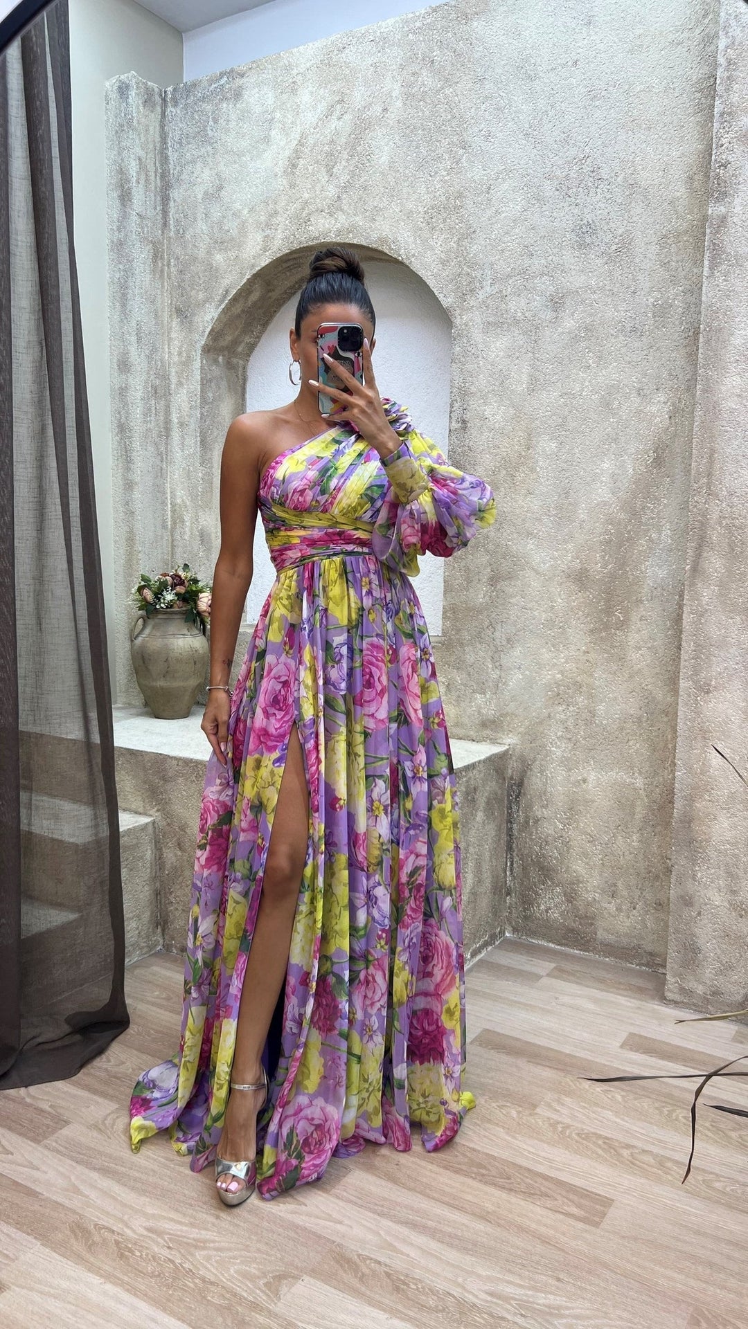 One-Shoulder Floral Maxi Dress with Side Slit