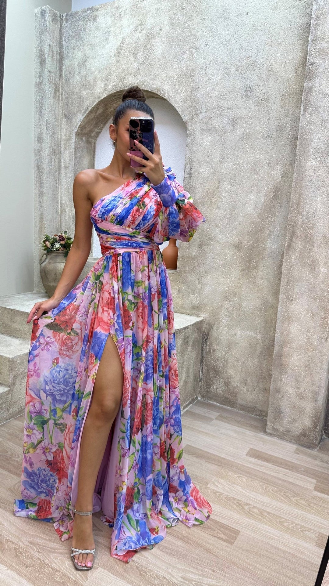 One-Shoulder Floral Maxi Dress with Side Slit
