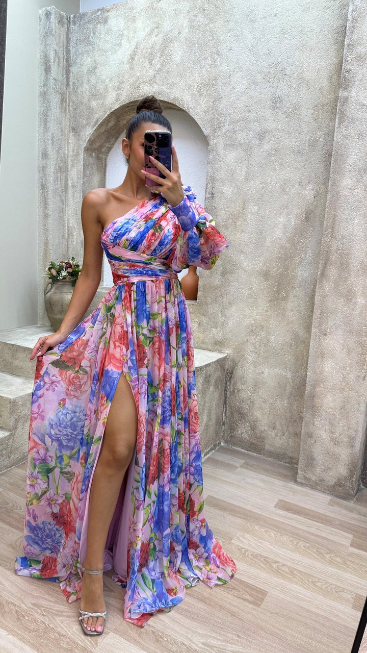One-Shoulder Floral Maxi Dress with Side Slit