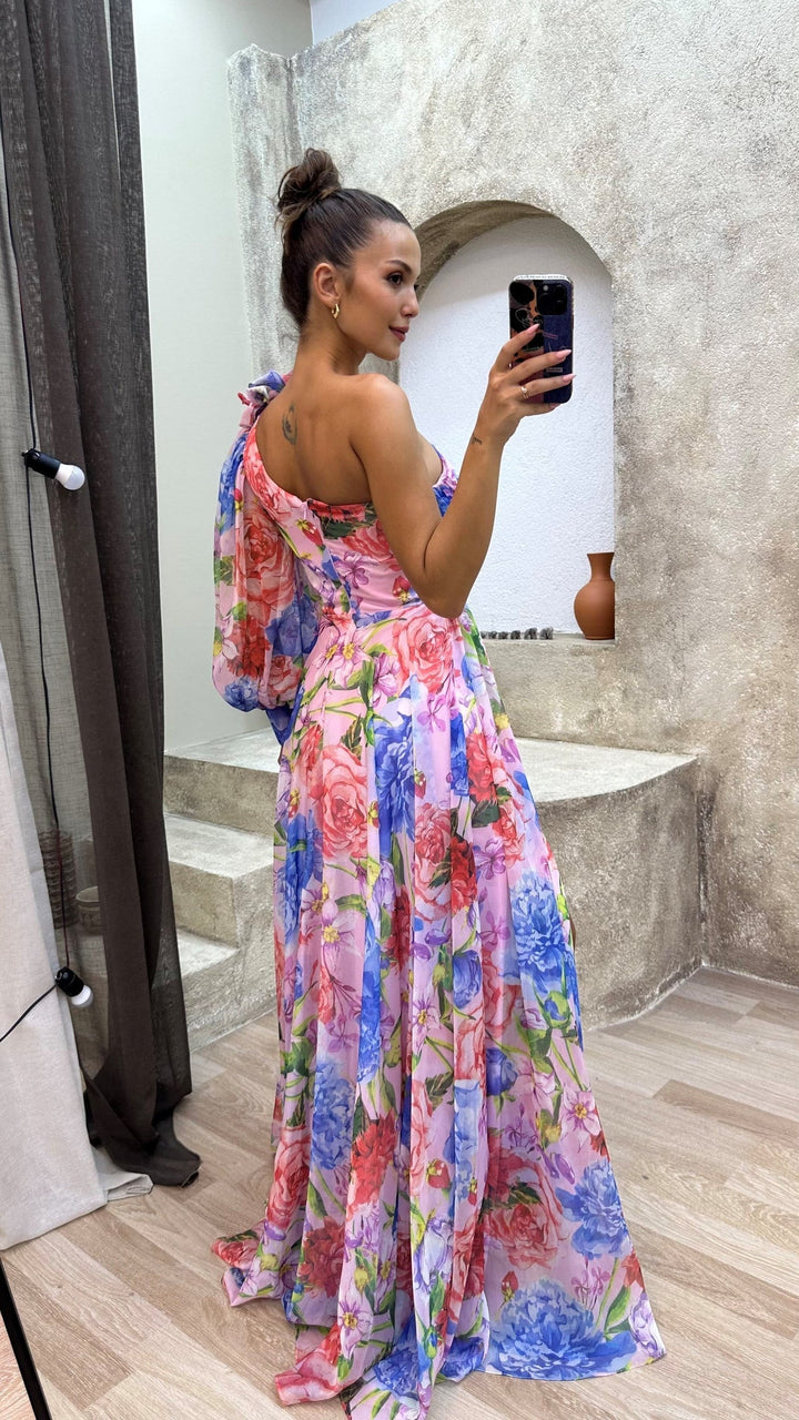 One-Shoulder Floral Maxi Dress with Side Slit