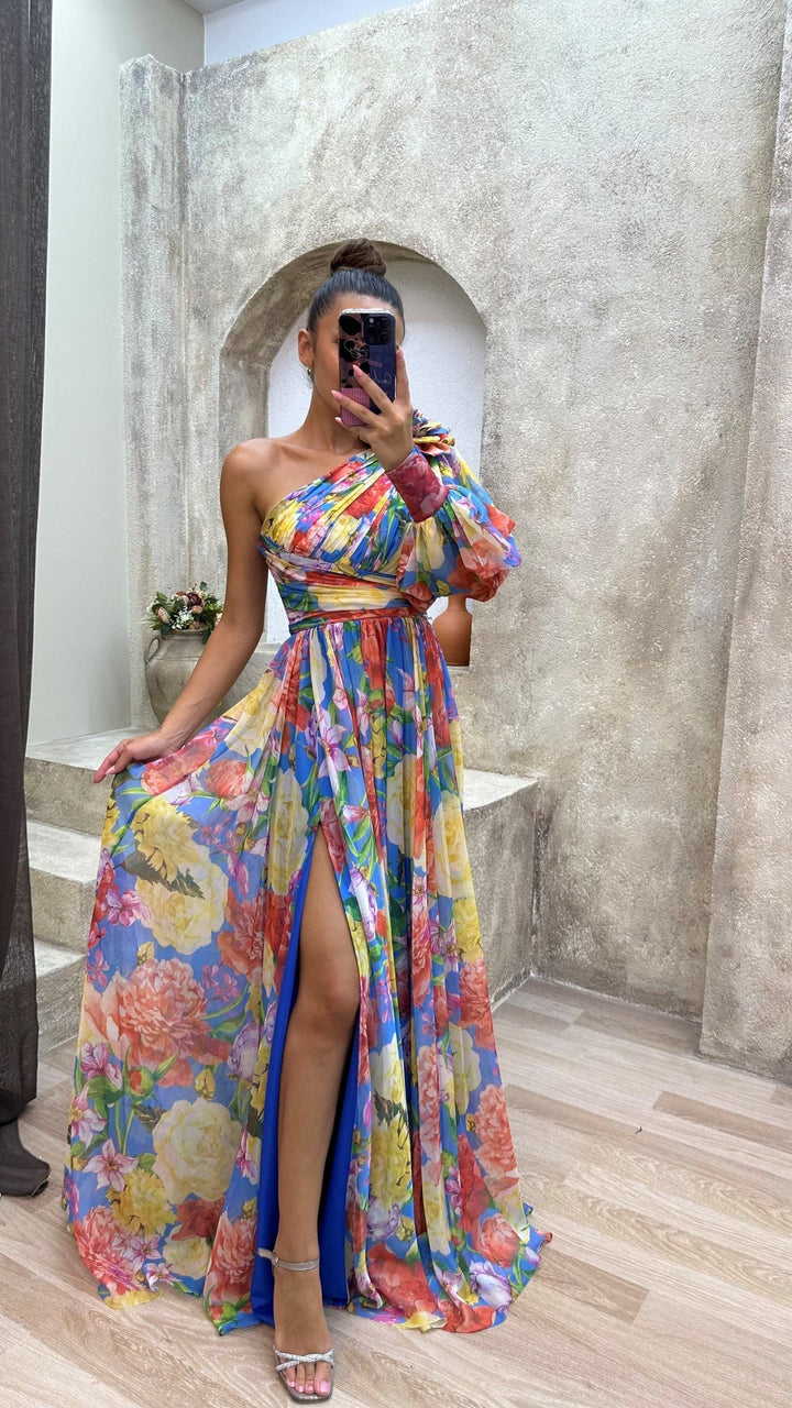 One-Shoulder Floral Maxi Dress with Side Slit