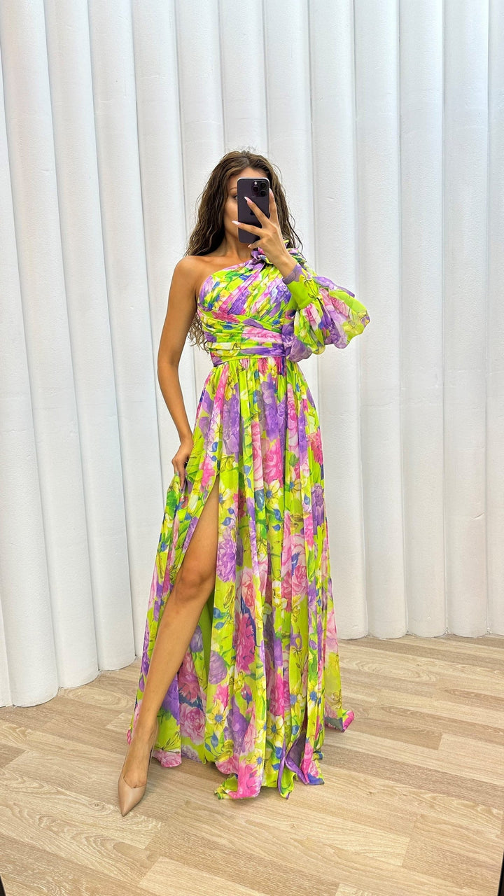 One-Shoulder Floral Maxi Dress with Side Slit