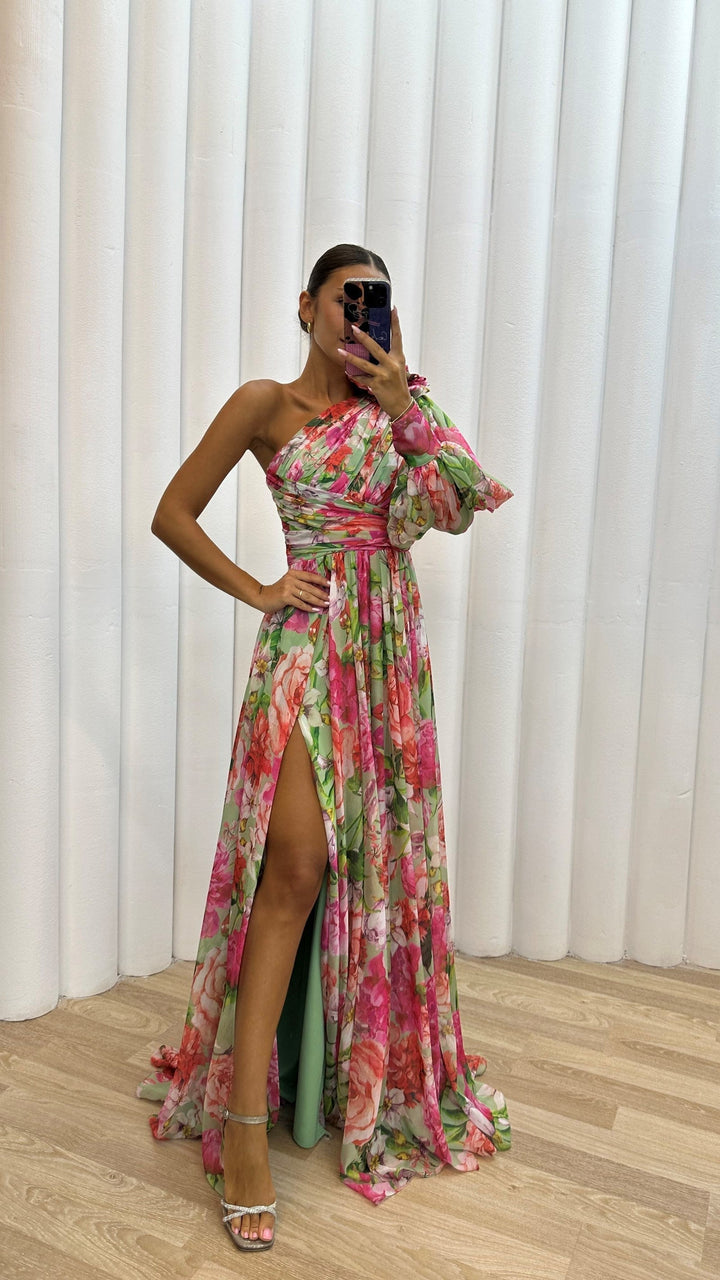 One-Shoulder Floral Maxi Dress with Side Slit