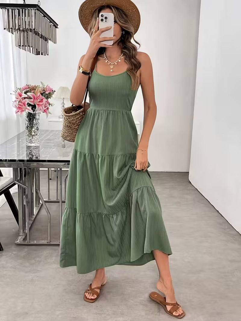 Tiered Maxi Dress with Spaghetti Straps and Bow Tie Closure