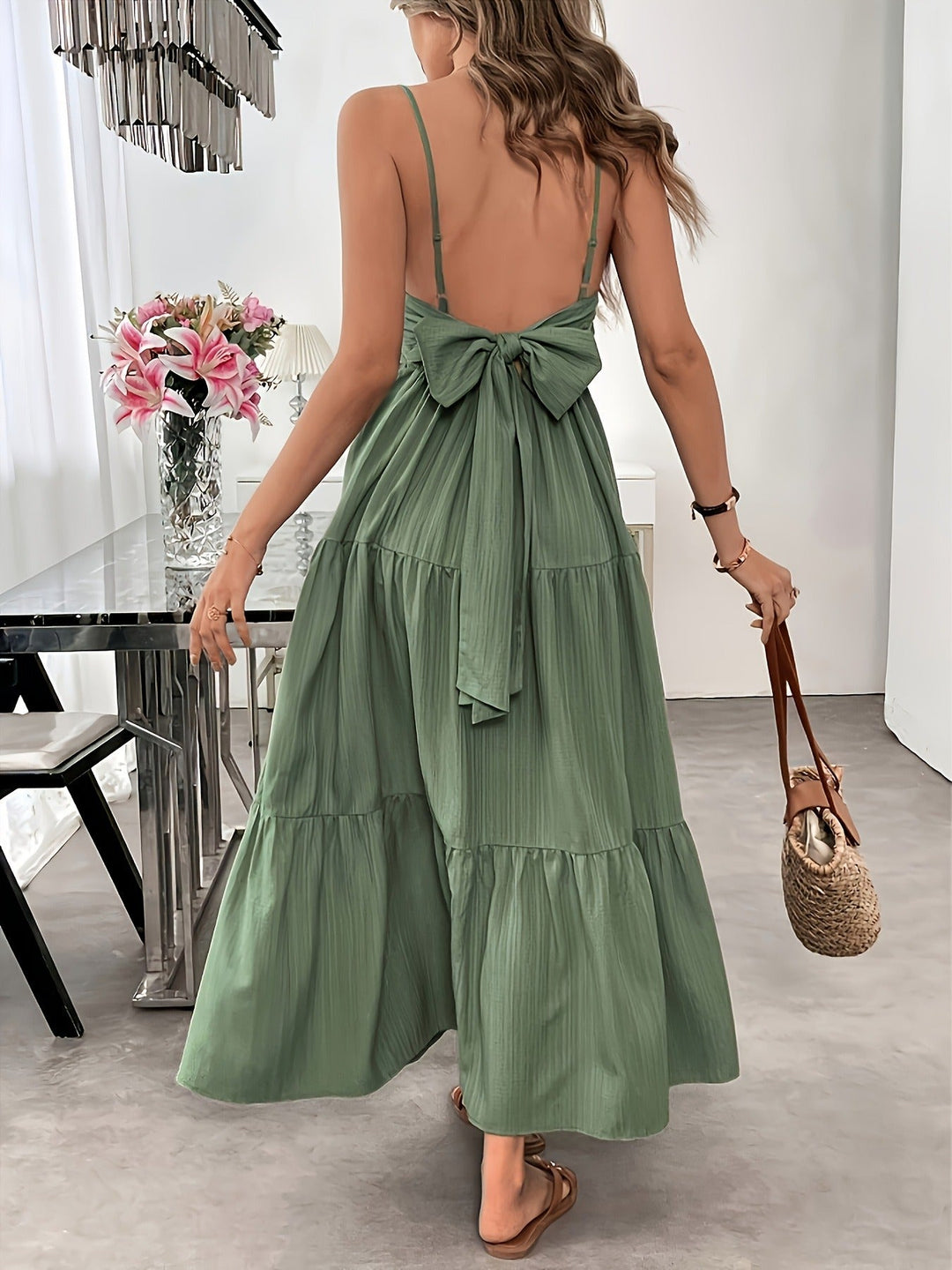 Tiered Maxi Dress with Spaghetti Straps and Bow Tie Closure
