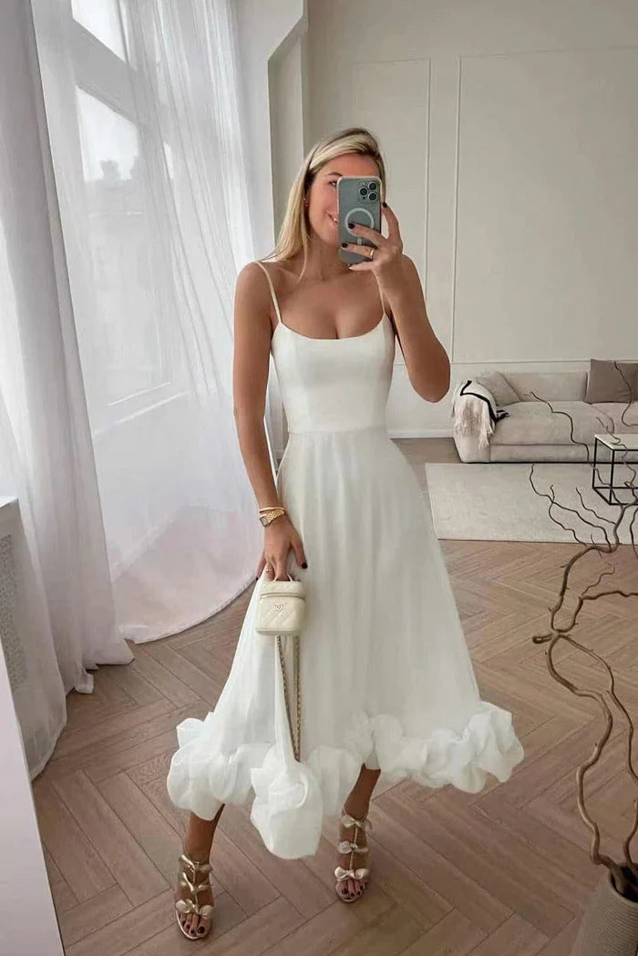 Midi Dress with Spaghetti Straps and Ruffled Hem