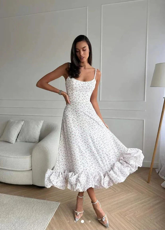 Midi Dress with Spaghetti Straps and Ruffled Hem