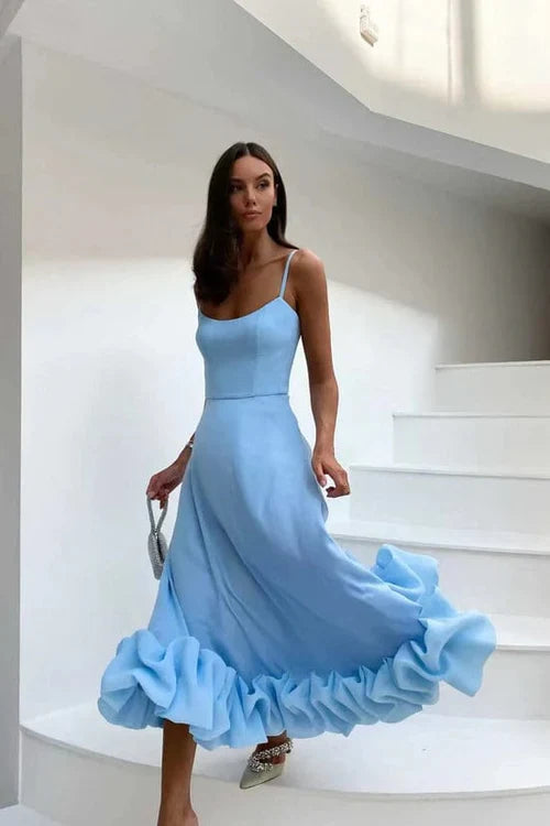 Midi Dress with Spaghetti Straps and Ruffled Hem