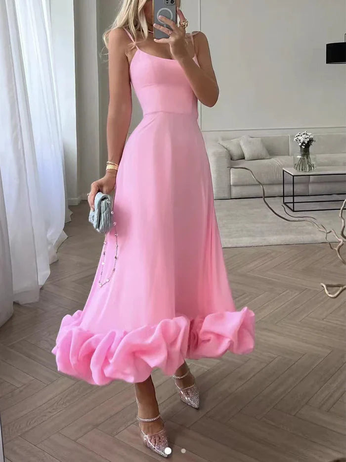 Midi Dress with Spaghetti Straps and Ruffled Hem