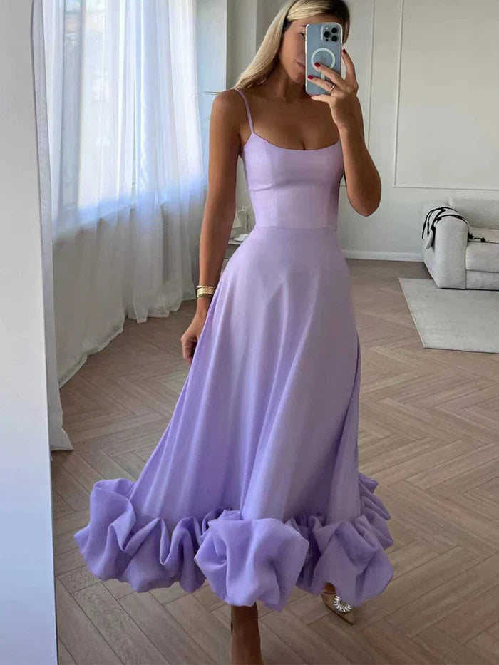 Midi Dress with Spaghetti Straps and Ruffled Hem